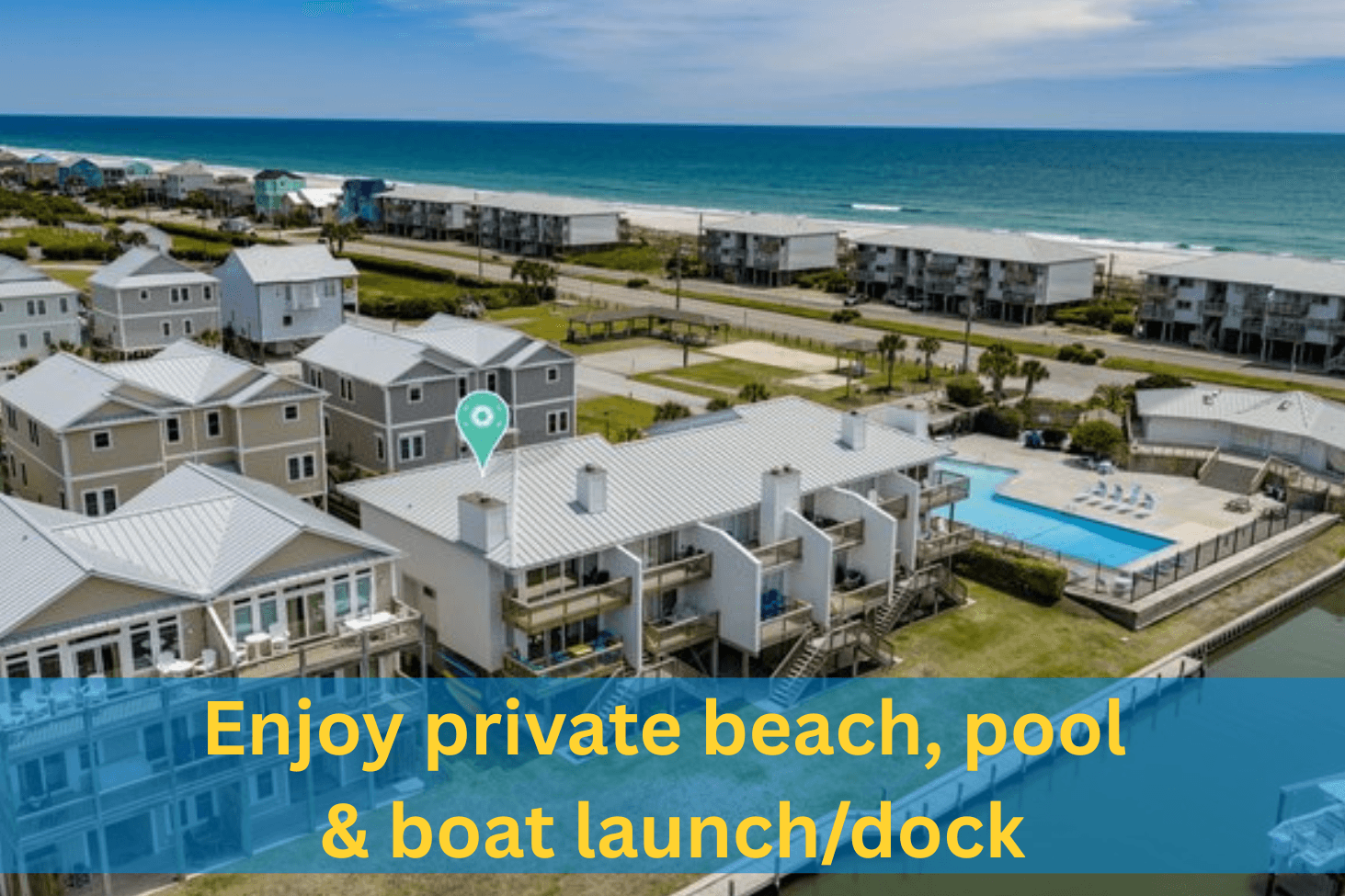 Coastal getaway with private beach, pool, and boat dock access