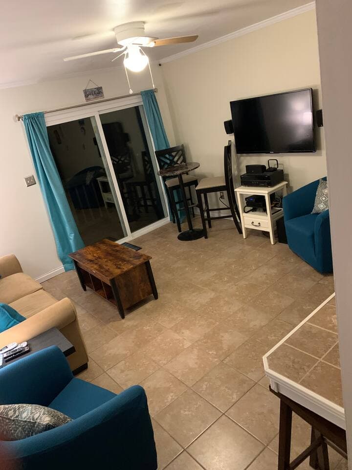 I am a big fan of blackout curtains, and these are the best for anyone who is wanting a good nights sleep on the pullout sofa bed in the living room. Plus, notice the large tv that also has surround sound! 